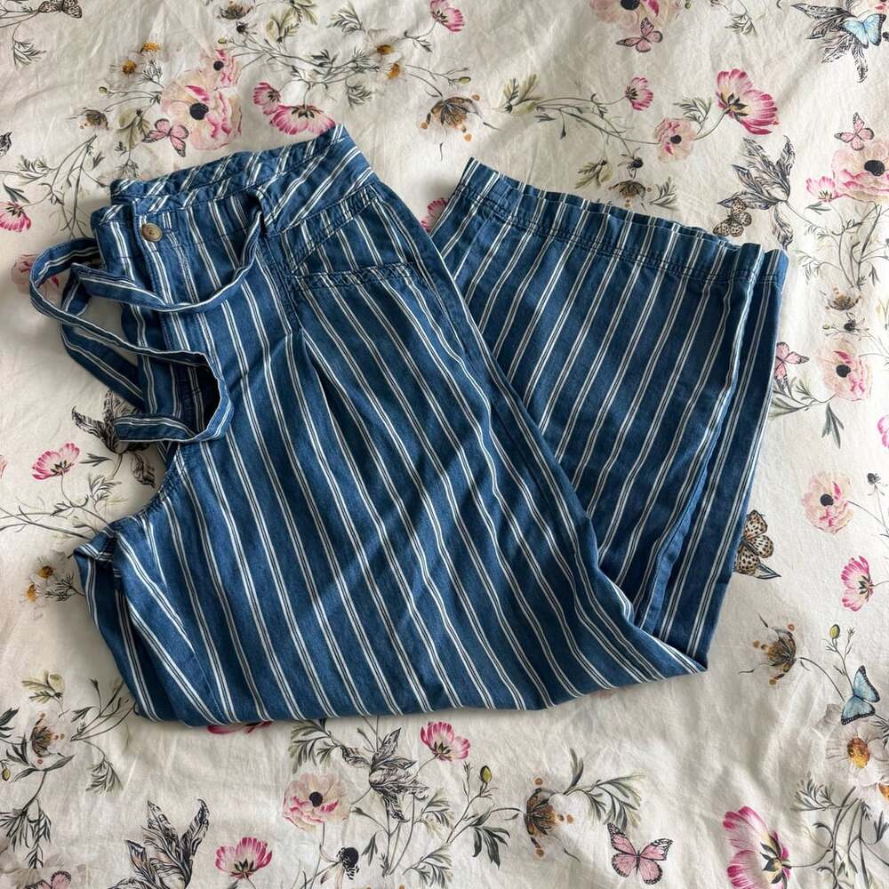 American Eagle Outfitters Nautical Wide Leg Vertical Striped Pants Tie Waist
